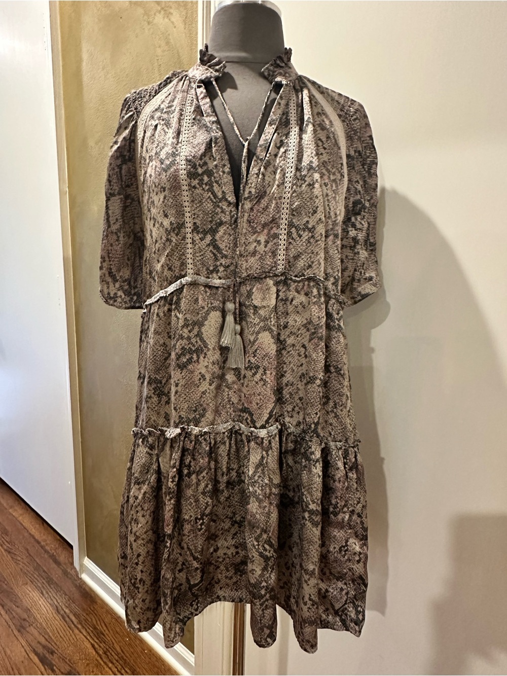 Karlie brand Snake Print Tiered Tie-Neck Dress in Taupe